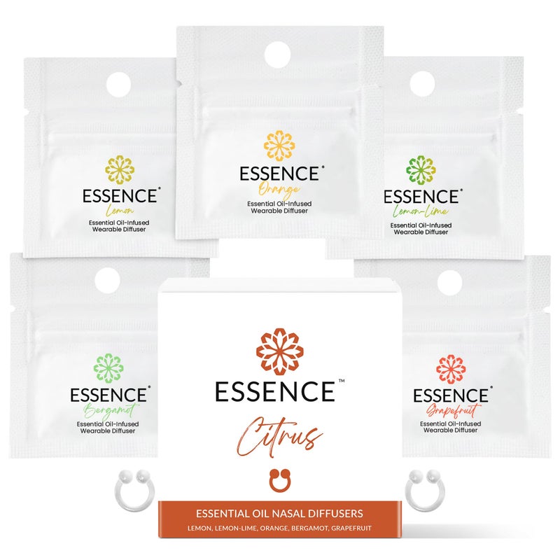مجموعة زيوت عطرية من Essence مع موزع أنفي من الحمضيات وخواتم أنف سيليكون لتحسين المزاج والطاقة والإيجابية - حزمة عطرية قابلة للارتداء مع الليمون والبرتقال والجريب فروت والبرغموت